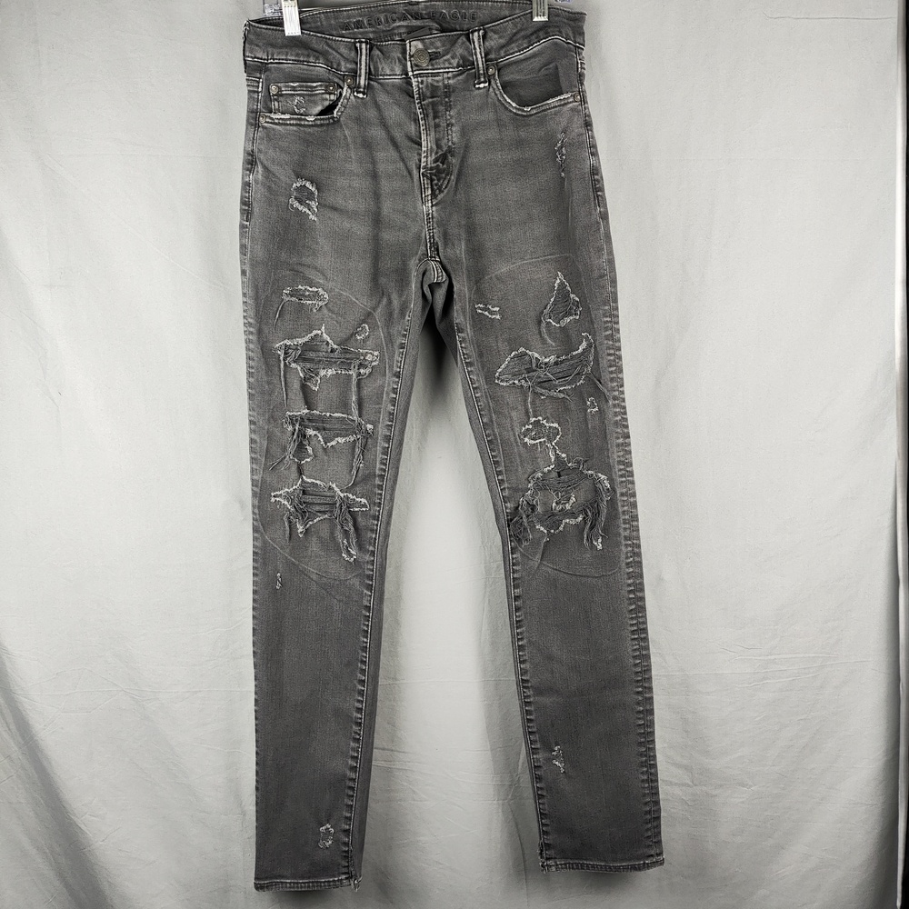 American Eagle Jeans Mens 30x30 Gray Wash Slim Skinny Distressed Denim Pants